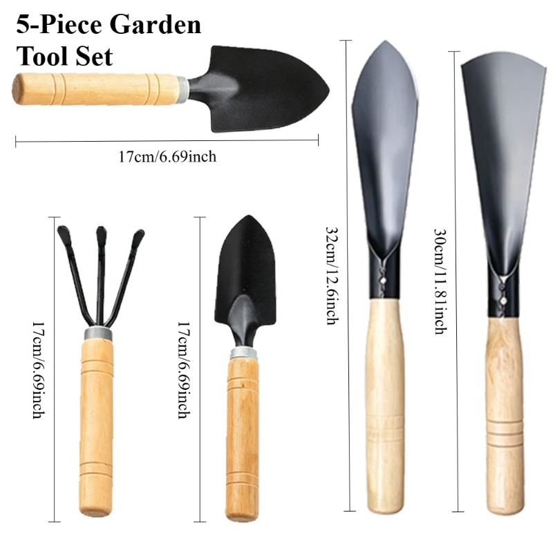 5pcs gardening tool set suitable for home and outdoor gardening planting vegetables improving garden aesthetics loosening soil digging flower   and small shovel combination wooden manual gardening tool set