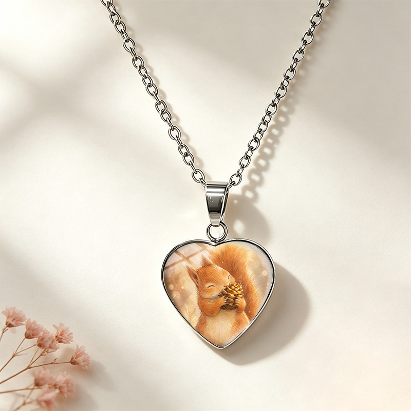 Handmade Watercolor Squirrel & Pinecone Glass Cabochon Necklace