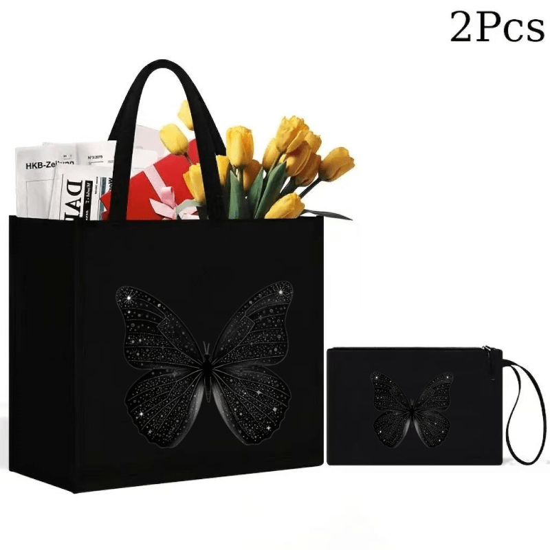 TEMU Starlight Sparkle Bow Black Tote Bag 2pcs Set, Niche Light Luxury Large Capacity Handbag