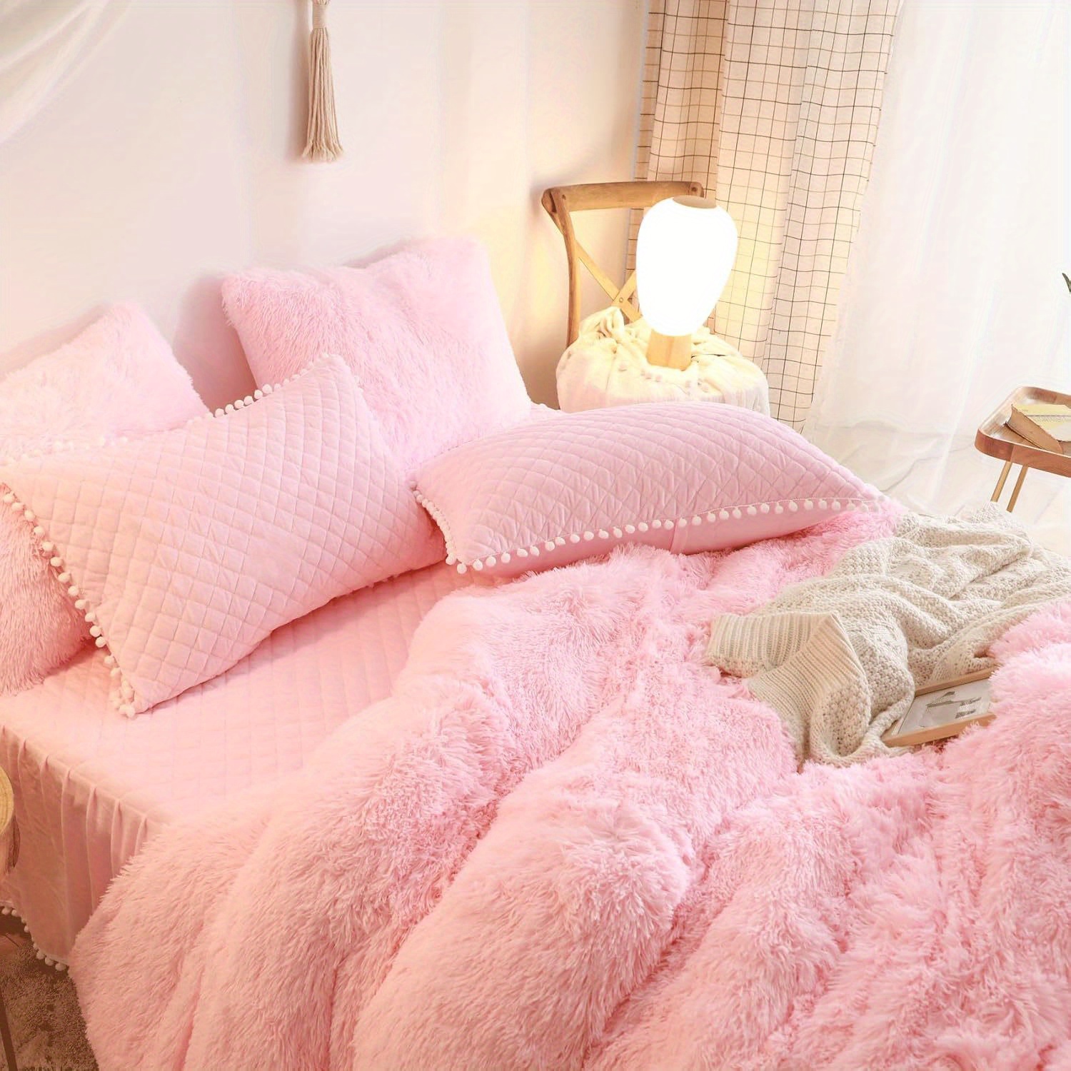 fluffy soft comforter cover queen set   fur bedding sets full queen king 3 pieces1 plush duvet cover 2 shaggy pillowcases fuzzy pink bed set plush duvet cover set bed sheets details 3