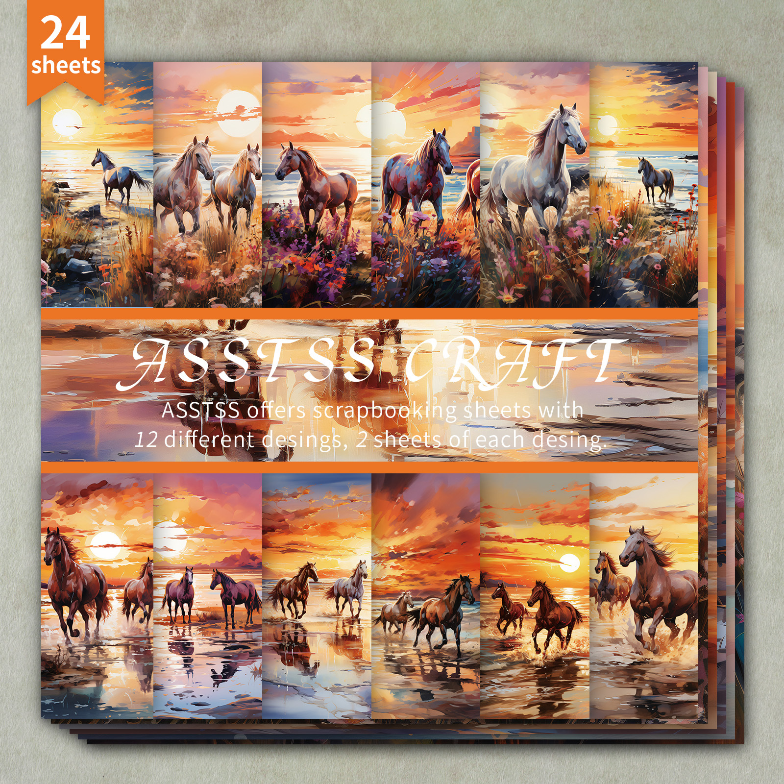 TEMU Bloc de papier scrapbooking ASSTSS de 24 feuilles 6X6 pouces, papier de base style aquarelle cheval au coucher , papier cartonné épais pour