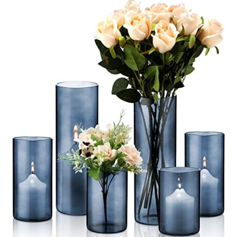 BlueGlassCylinderVasesHurricaneCandleHoldersPillarCandleHoldersVasesBlueVaseCandleHolderClearGlassFlowersVasesforValentineWeddingKitchenTableCenterpieceDecoration3pcs,TableSetting,VintageVase,ClassicDecor,HighqualityVase,HandcraftedVase,DecorativeVase,GiftShoppers,InteriorDesigners