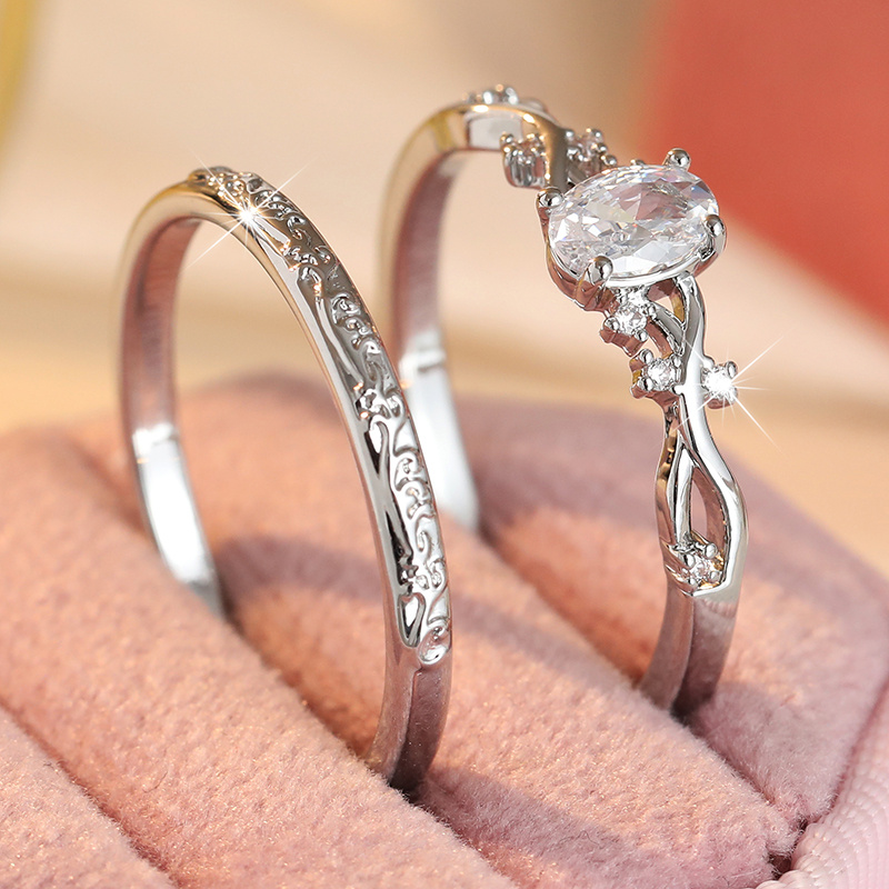 TEMU 2 Retro Wedding Ring Set - Wave Shaped Oval Single Ring With Carving Belt, Romantic Proposal/wedding/anniversary/christmas/valentine's Day Ring