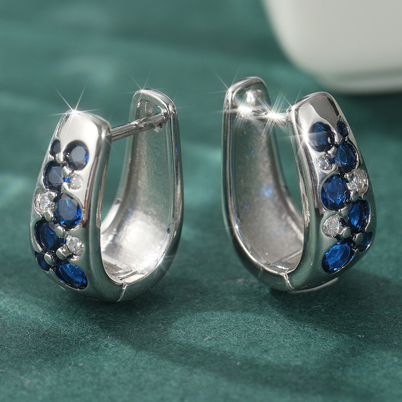 Women's U-Shaped Huggie Earrings with Blue & White CZ