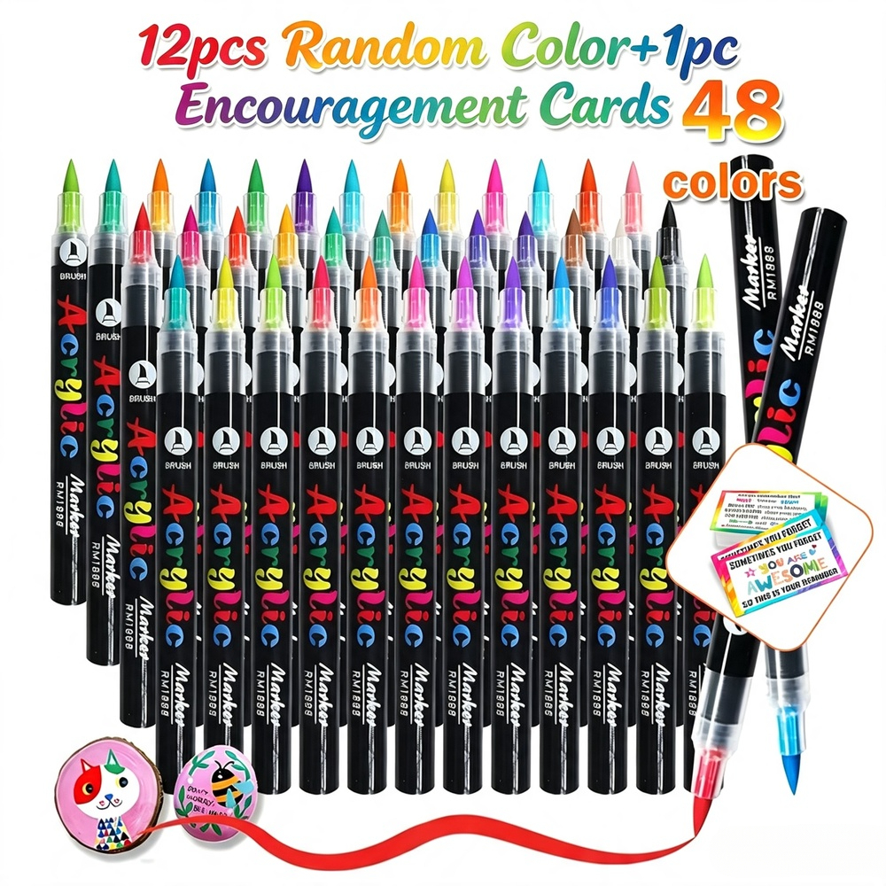 TEMU 48 Colors/12pcs Random Brush Acrylic Markers With 1pc Encouragement Card, Non-toxic Acrylic Drawing Pens, Art Craft Supplies For Glass, Canvas,