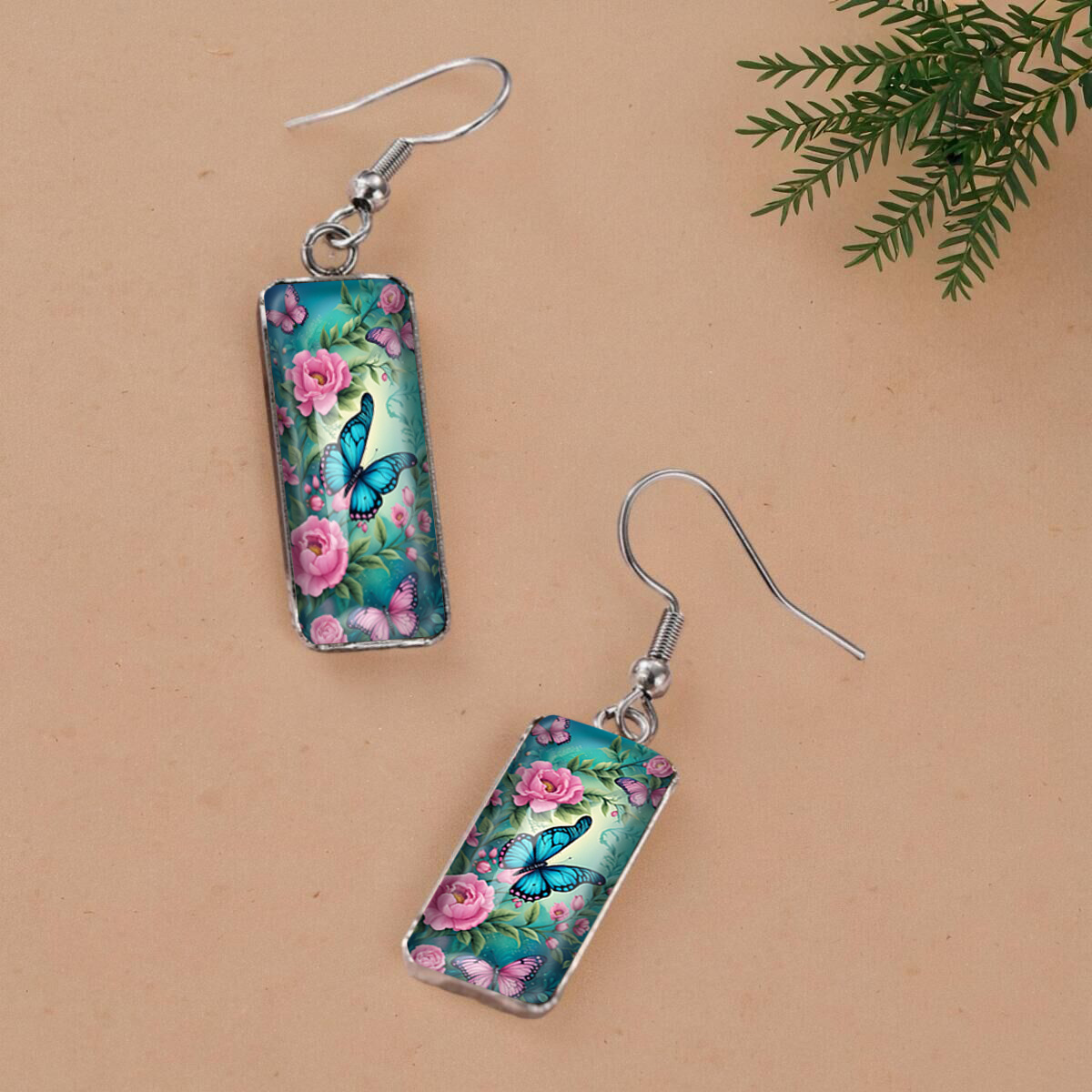 Blue Butterfly & Pink Peonies Picture Rectangular Fish Hook Earrings