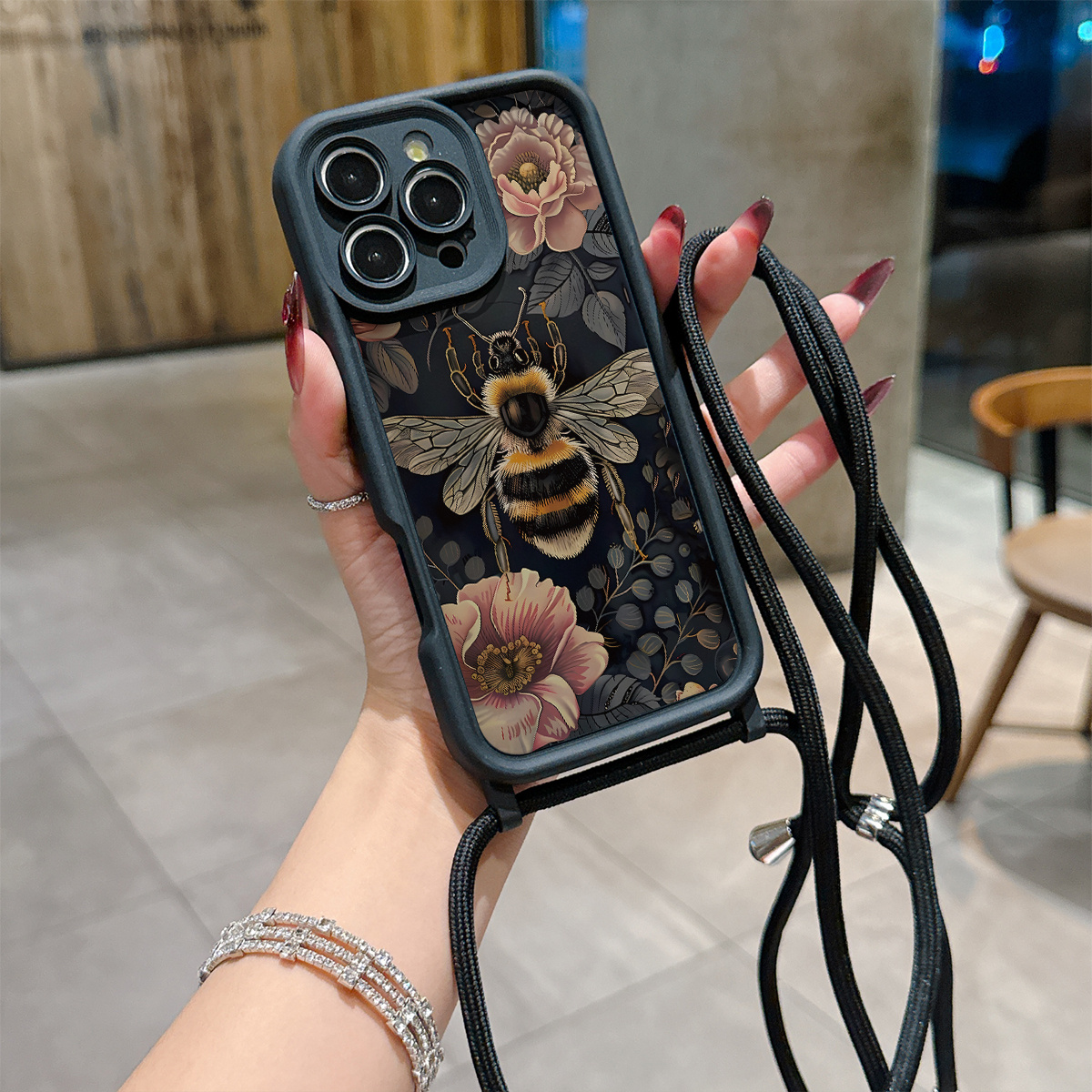 TEMU Phone Case: A Convenient Lanyard Phone Case With A Multi-functional Adjustable Lanyard And Crossbody Shoulder Strap, Featuring Black Floral And