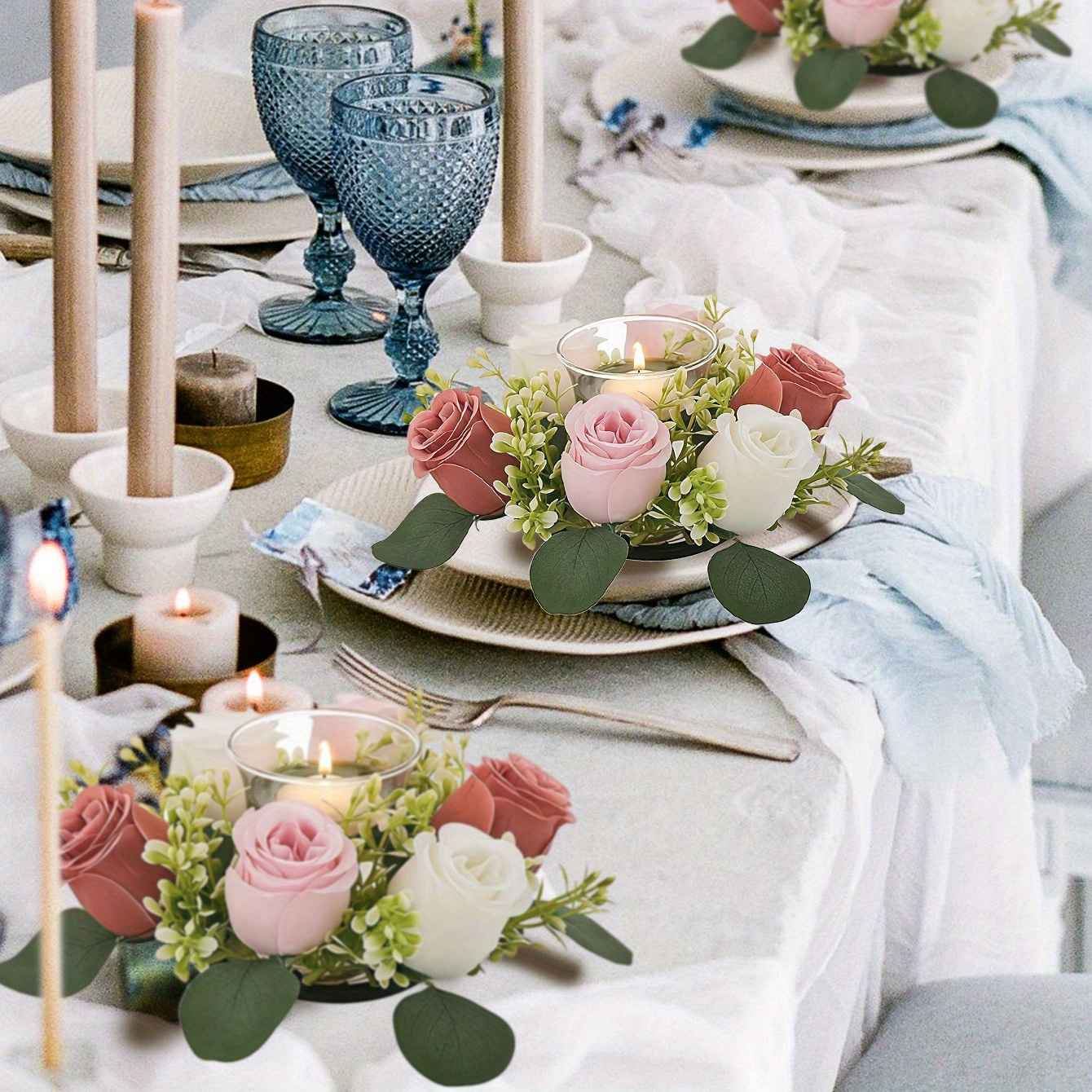 4pcs inch candle rings wreaths dusty rose white roses Temu