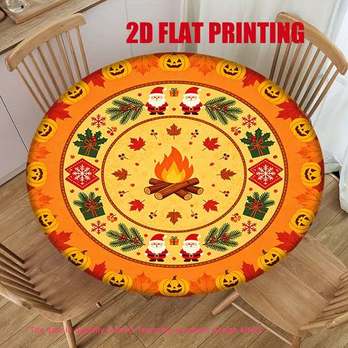 1pc 2d flat stretch round tablecloth autumn element pattern for halloween and christmas printed tablecloth stretch tablecloth elastic band tablecloth washable and easy to store for home dining room decoration