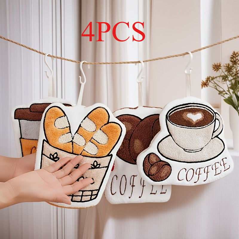 TEMU 4pcs Coffee-themed Hand Towels - Super Absorbent Soft Decorative Towels With Rings, Cute Coffee Shapes For Kitchen/bathroom, Quick-dry, Perfect