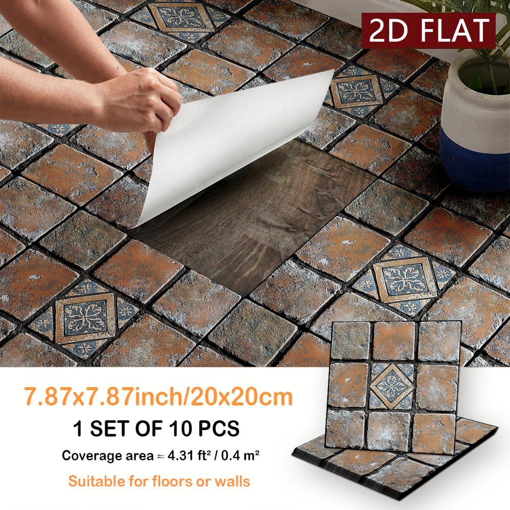 TEMU 10pcs Set Of Japanese-style Pvc Floor Stickers That Are Self-adhesive, Removable, Waterproof, And Scratch-resistant, Featuring Wood-like Mosaic