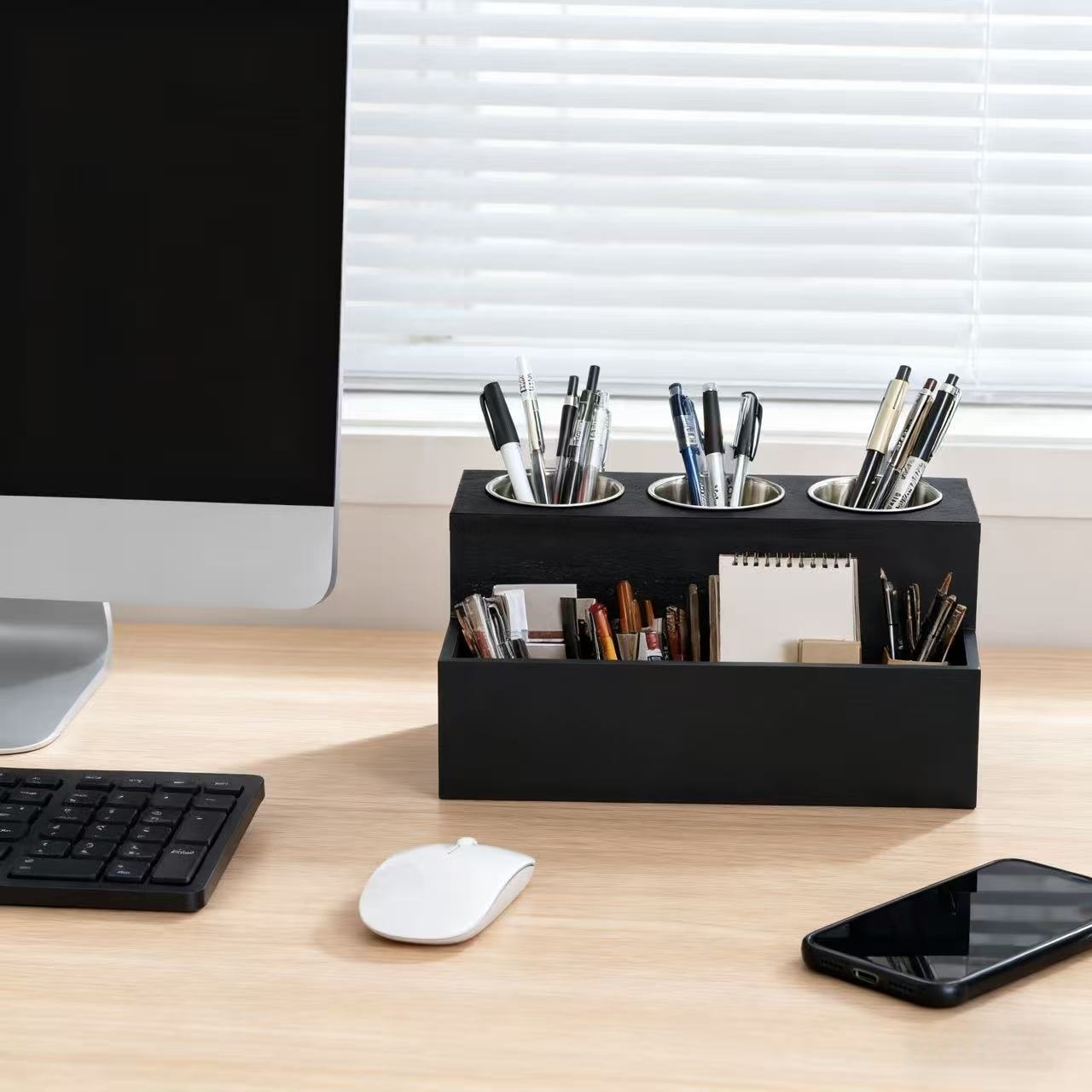 a wooden storage box with 3 stainless steel containers a dual purpose desktop and wall mounted multifunctional organizer suitable for office bathroom makeup hair tools hair dryers and   storage desk drawer organizer for home Product details 2