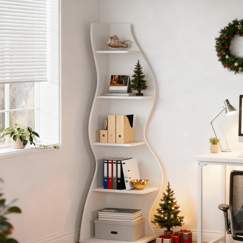 E-shop Einzigartige kleine Eckbücherregal und Pflanzenständer für Wohnzimmer/ für Home Office (Weiß), modernes 5-stöckiges Eckregal, Weihnachtsdeko,