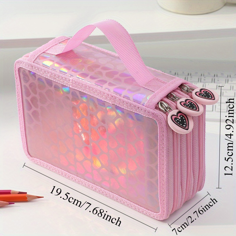 1pc Creative Pink Korean Style Heart Zipper Stationery Bag - Double Layer, Triple Layer, 4 Layer Design, Fashionable Multifunctional Storage And Organization Pencil Case