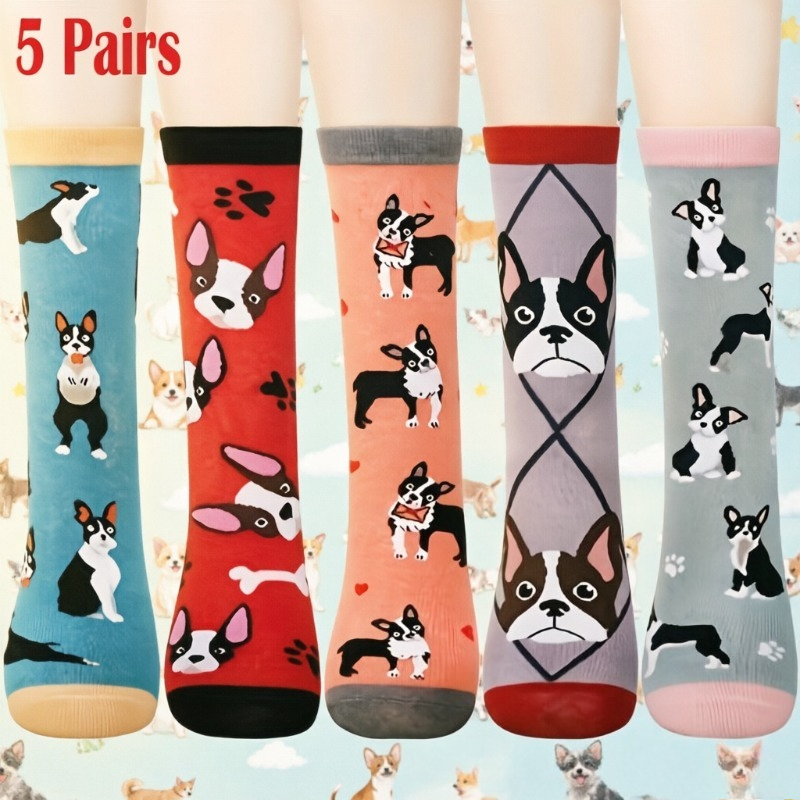 TEMU Lot de 5 paires de chaussettes Valporia Boston Terrier pour hommes, femmes, adolescents - Cadeau amusant pour amoureux des chiens Boston Terrier