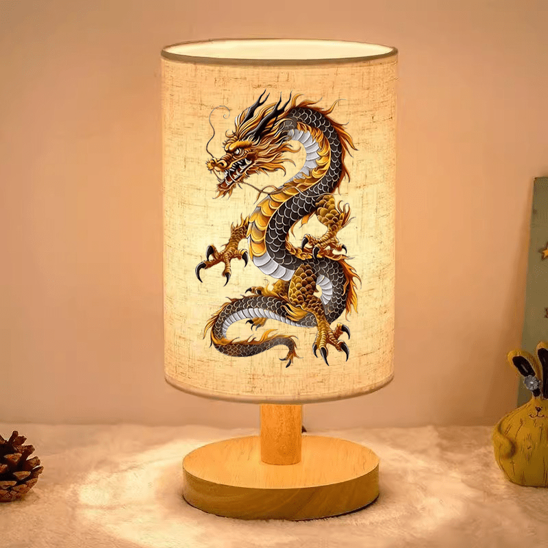 TEMU Dragon Print Ambient Bedside Lamp, Nordic Wooden Tone Table Lamp, Led Light Suitable For Bedrooms And Dormitories, Indoor Led Lamp With Fabric