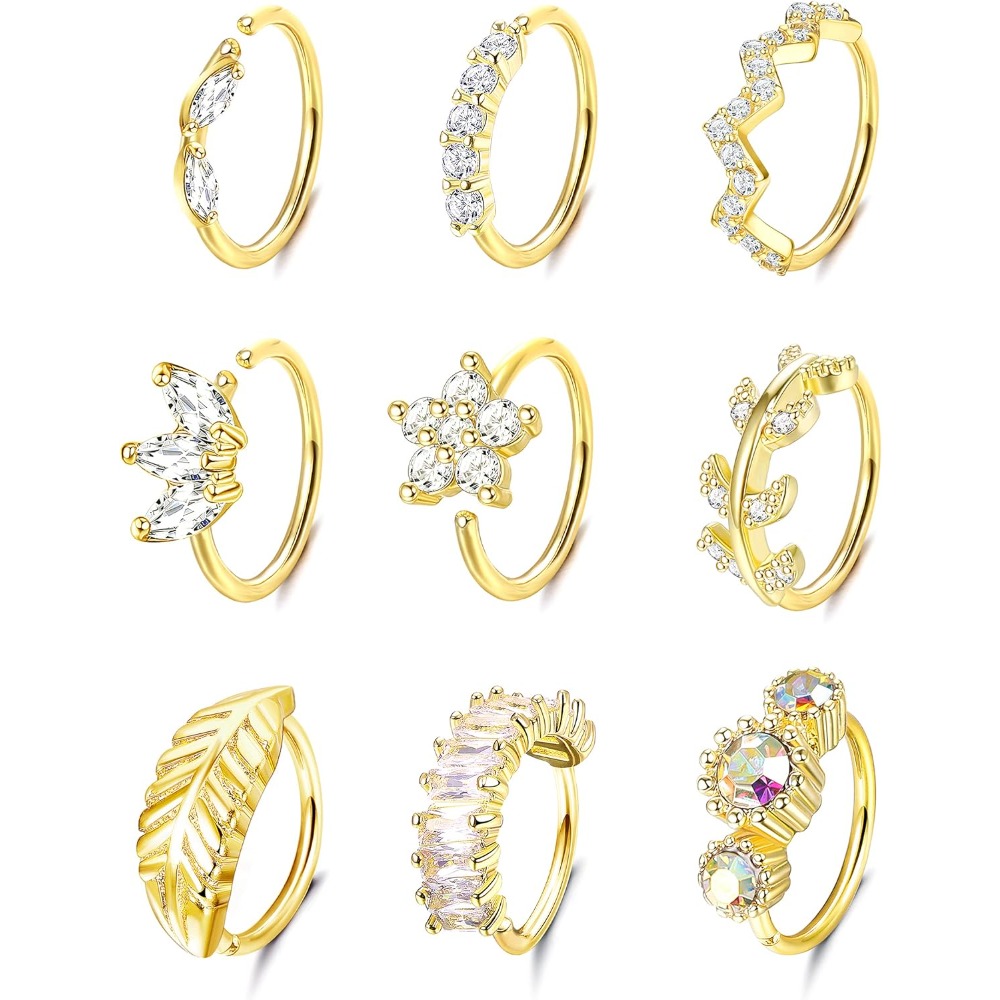 Image of 9pcs 9pcs Stainless Steel Nose Hoops With Cubic Synthetic Zirconia - Flower Leaf Wave Cartilage Piercing Rings Suitable For Ear Piercing, For Daily Wear, Parties, Valentine' Gift, Hoops (no Coating,)