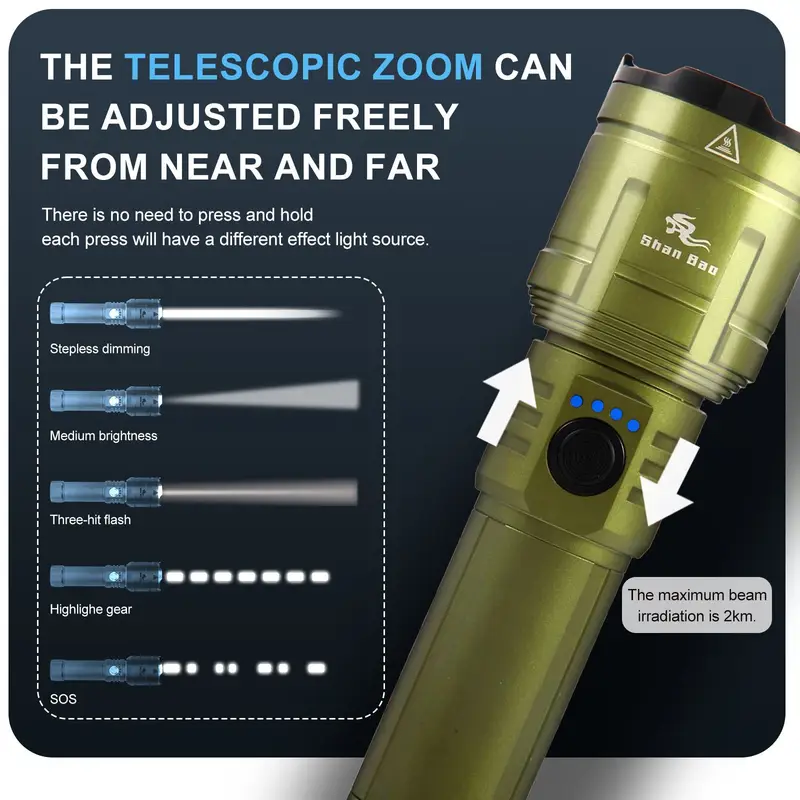 green outdoor camping mountaineering zoom flashlight focusing can ignite Product details 5
