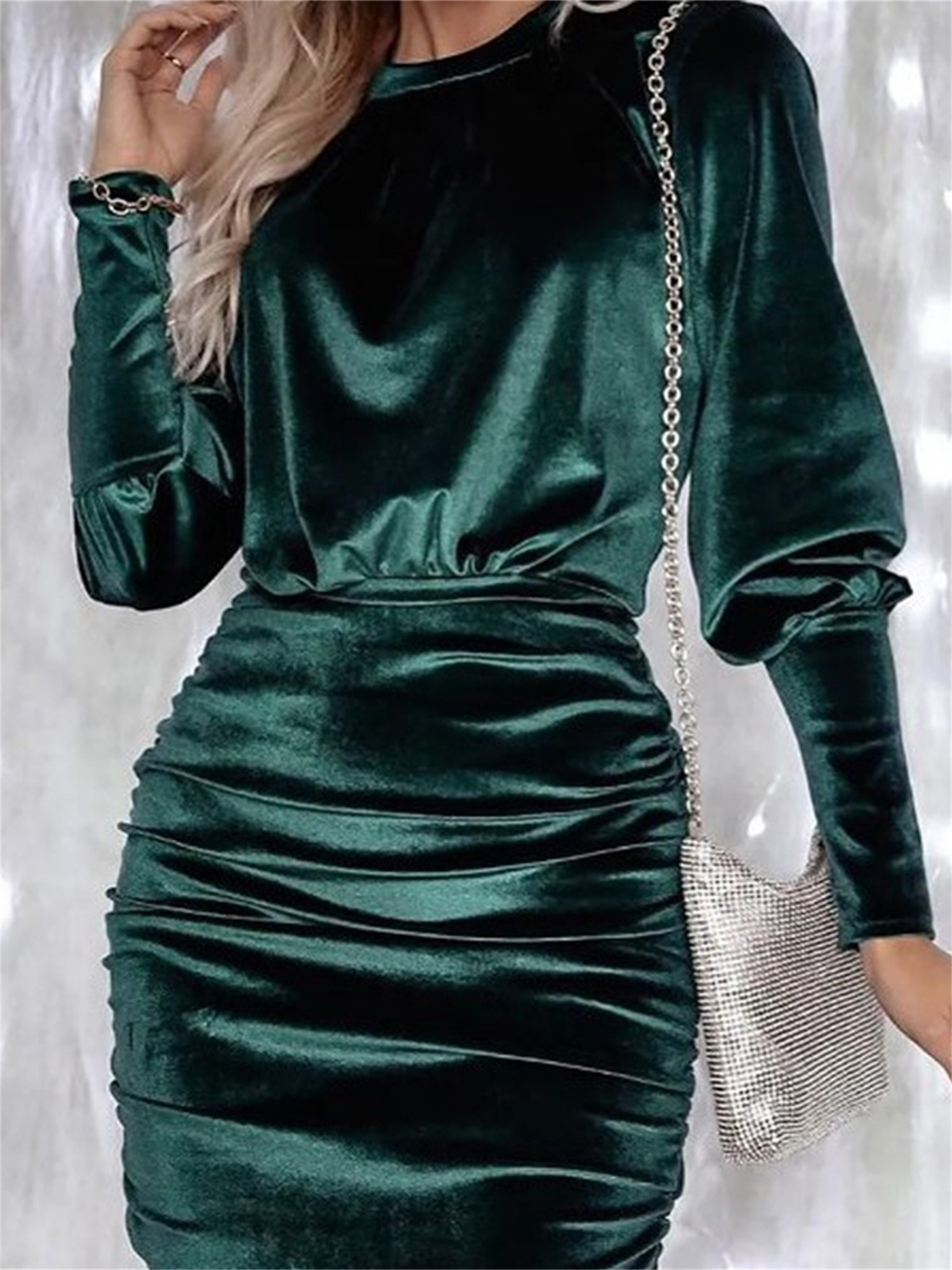 white christmas dresses Women's Black Bodycon Dress Long Sleeve Midi Ruched main image 0