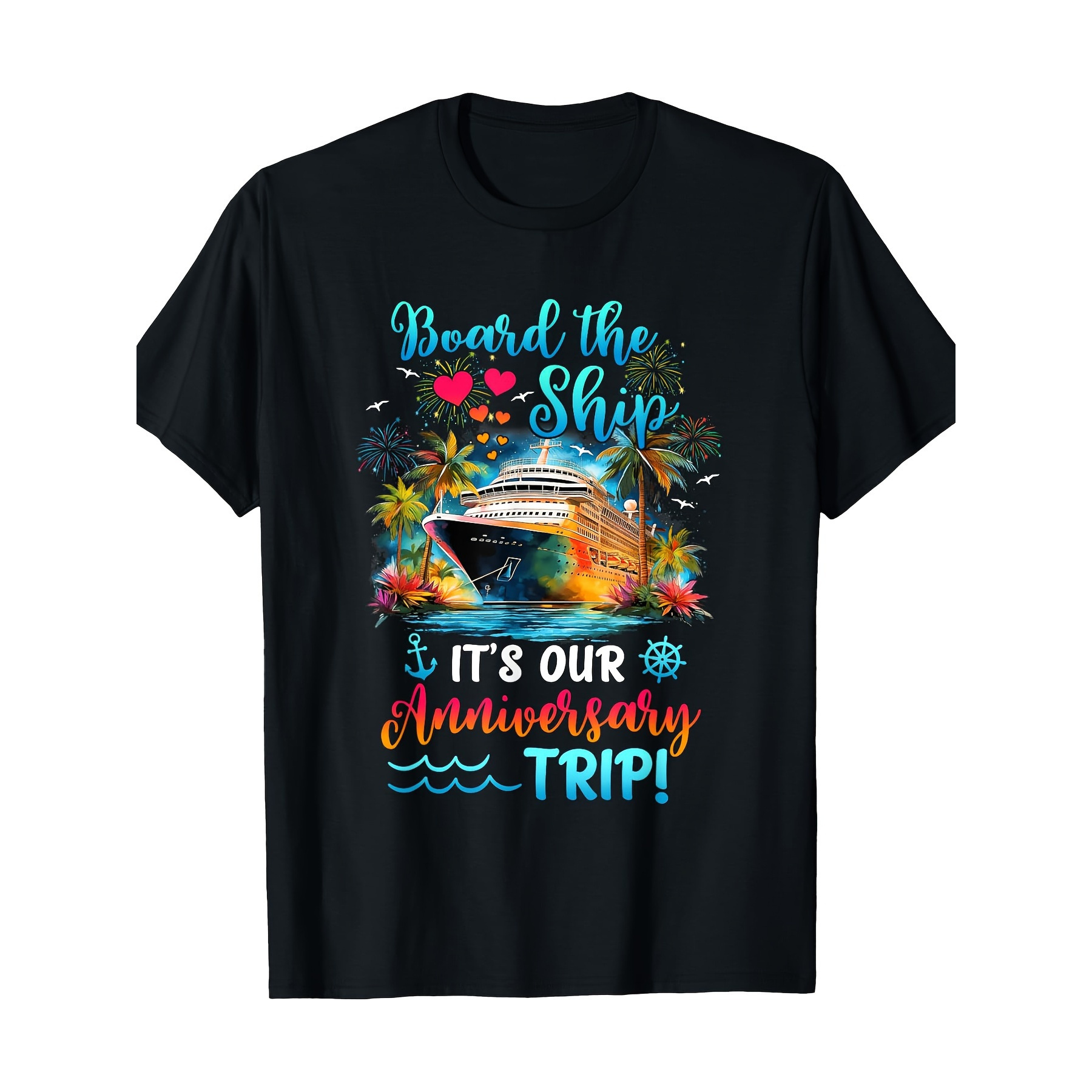 

Couples' Anniversary Cruise-inspired 100% Cotton T-shirts - Geometric Print, Casual Round Neck Tees For , Machine Washable, 180g, Matching