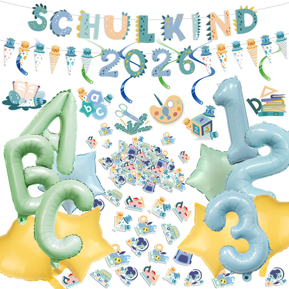 Back-to-school Decorations, 88pcs Dinosaur School Decor Set, School Child 2026 Banner, Hanging Swirls, Confetti And Stickers For Kids' First Day Of School Party