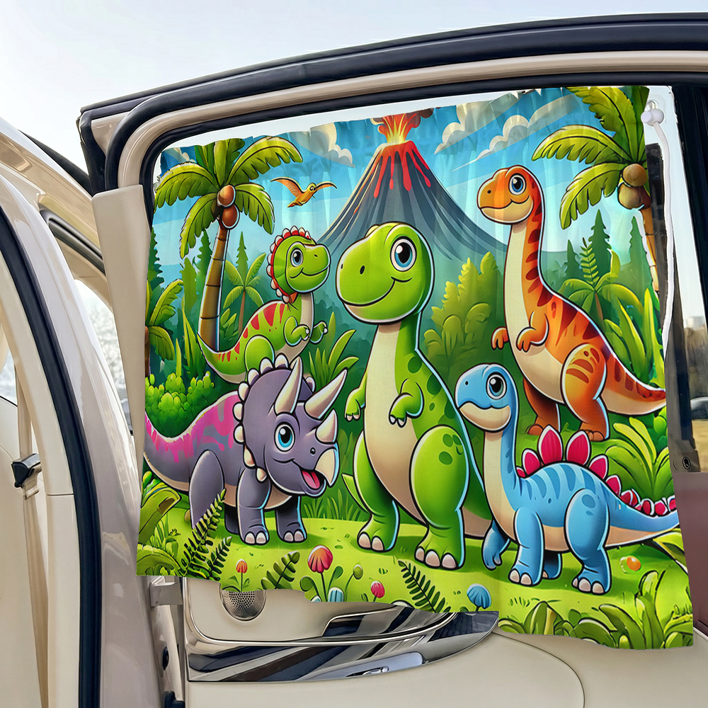 TEMU 1pc Car Sunshade, Cartoon Dinosaur Jungle Print Adjustable Car Sun Shade, Suction Cup Car Window Side Curtain, Excellent Summer Sun Protection