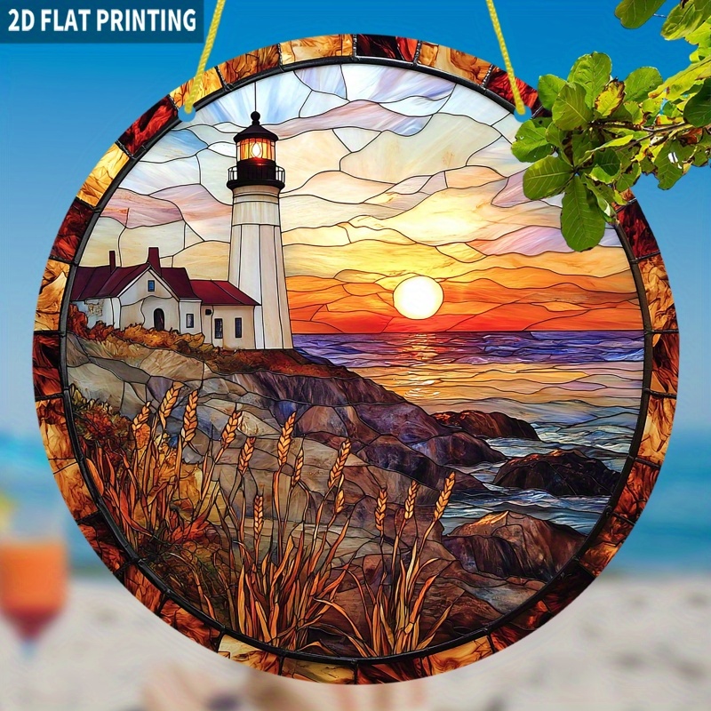 TEMU 2D Plat - 1pc, Phare de 2D Plat - Panneau Rond en Acrylique de 7.87X7.87 Pouces, Style Côtière Rétro à Suspendre à avec Art en Verre Teinté, Pas