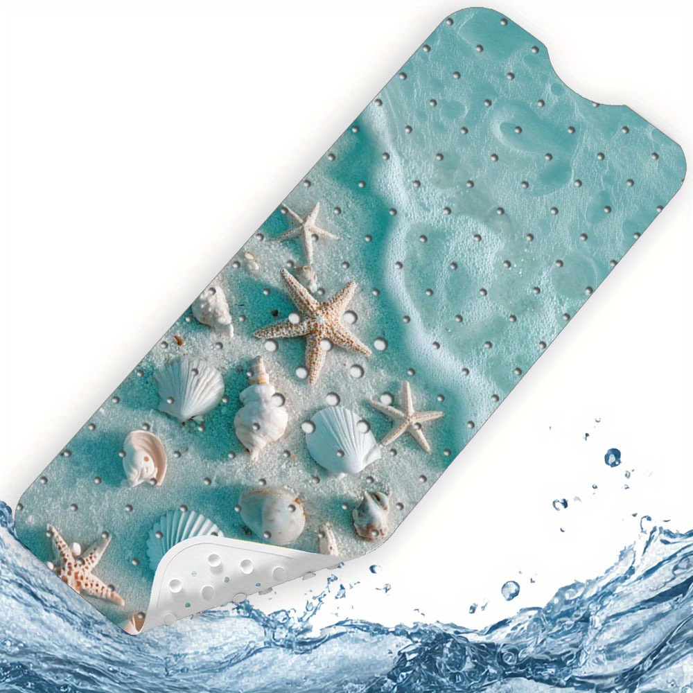 Beach Seashell Starfish Ocean Theme Nonslip Family Bathroom Shower Tub Mat | Polyvinyl Chloride, Machine Washable, 2 Cm Thick