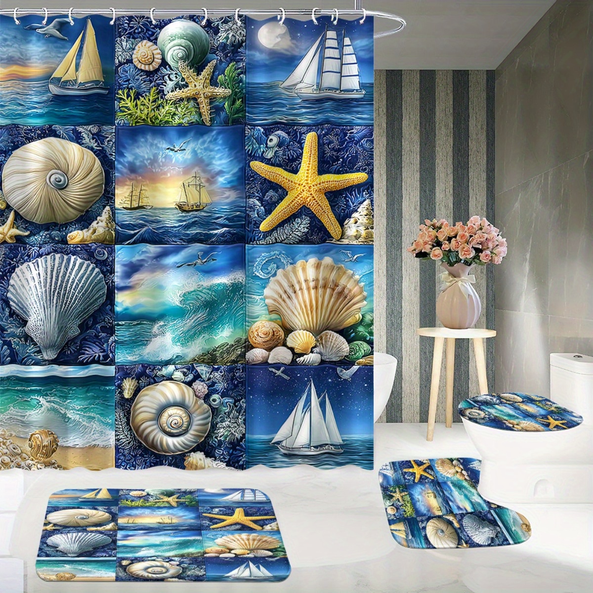Seashells and Stars Pattern Shower Curtain Set, 4pcs