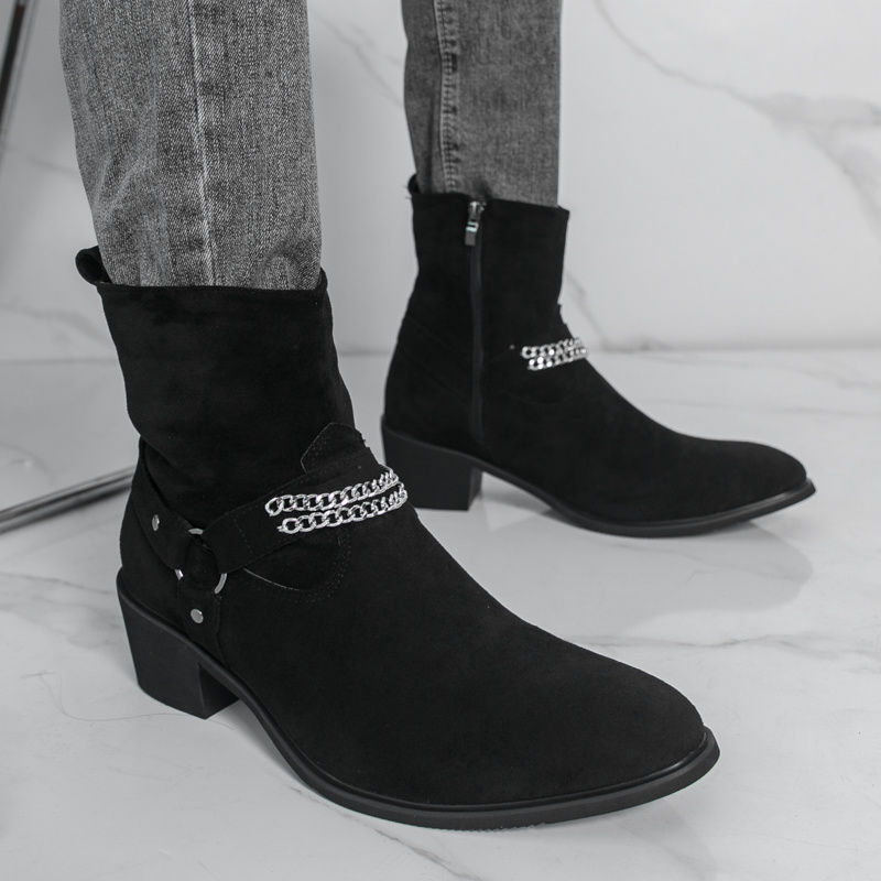 item picture mens chain high heel ankle boots solid color pointed toe slip on zipper boots vintage autumn winter high top casual shoes