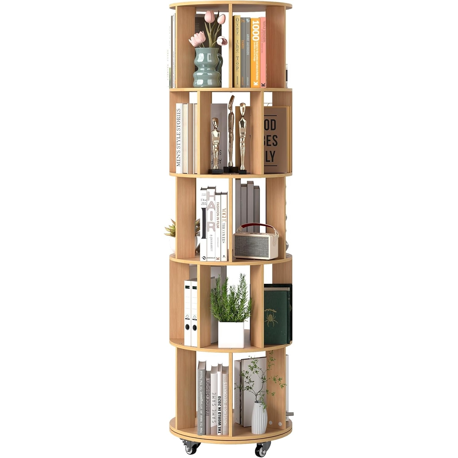 5-tier Rotating Bookshelf Tower, 360° Display Stackable Spinning Bookshelf With Wheels, Floor Standing Corner Revolving Bookcase, Rotating Book Shelf For Study Rooms, Living Room, Bedroom