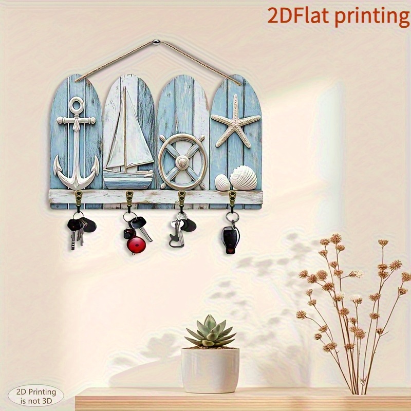 TEMU 2d Flat Ocean Element Anchor, Easy Colorful Wooden Key Chain With 4pcs Metal Hooks, Wall Decor, Porch Ornament, Room Decoration, Villa Decor,
