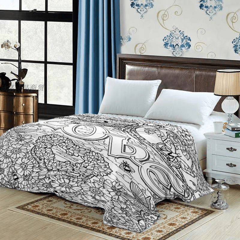 TEMU -themed Hand-painted Flannel Coloring Blanket For Adults, Creative Doodle Stress-relief Throw Blanket With Grapevine, , Floral, And Heart-themed