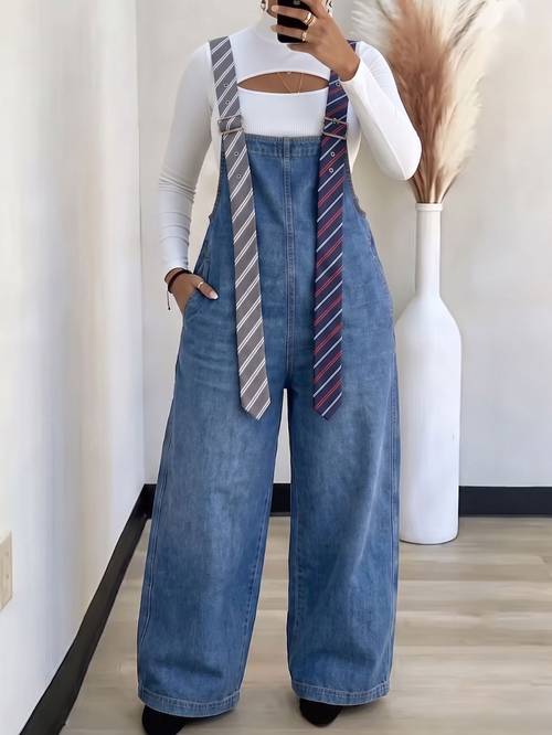 womens denim bib overalls adjustable striped straps high waist wide leg loose fit jean overalls with pockets for casual daily street wear