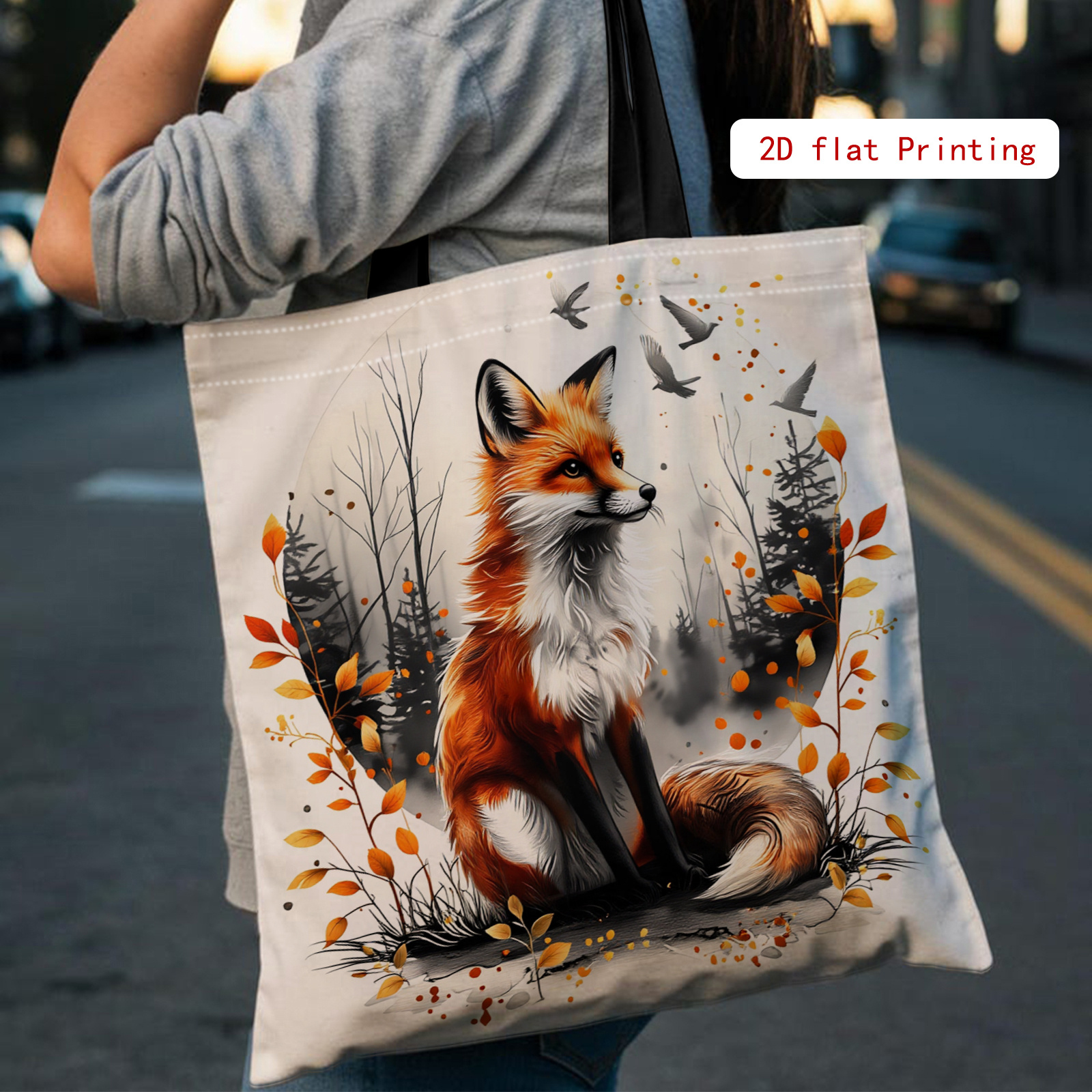 TEMU 1pc Double-sided Printing Autumn Fox-themed 2d Printed Tote Bag, Large-capacity Shoulder Bag, Women's Casual Tote Bag And Fashion Shopping Bag,