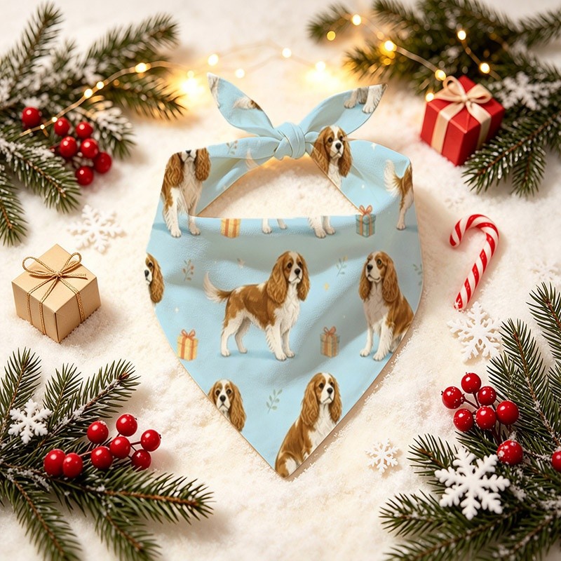 TEMU 1 Adorable King Charles Spaniel Patterned Dog Scarf, 24.8x11 Inches One-size-fits--style Pet Neck Warmer, With A Festive Gift Box And Floral