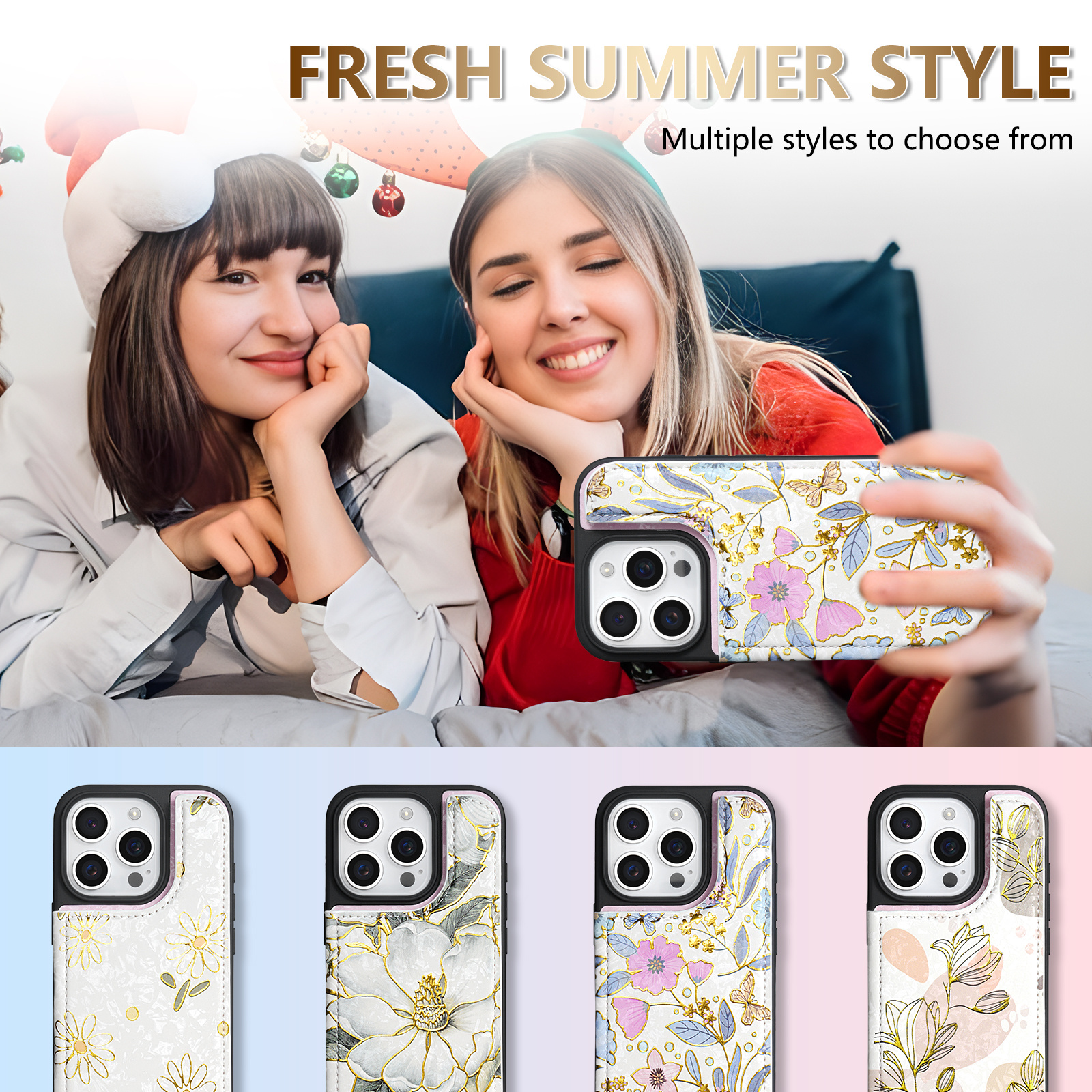 Luxury Wallet Foil Printed Embossing Hot Stamped Floral Pattern Double Buckle RFID Blocking With Card Slot Support Flip PU Artificial Leather Case Compatible With for iphone 16 Pro Max 15 Plus 14 Pro 13 Mini 12 11 XS MAX XR 7 8 SE2 SE3 Business Cover