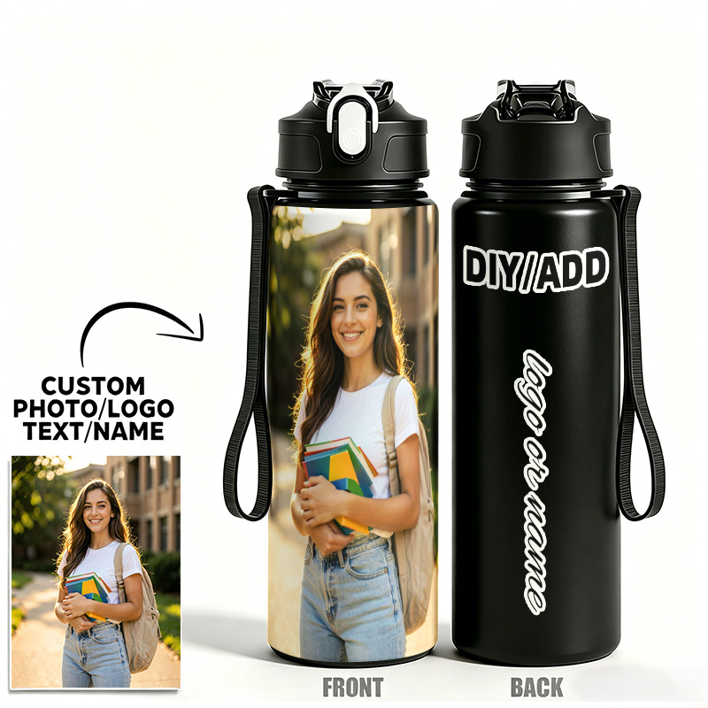 TEMU Custom Personalized Diy Photo Image And Name Text Water Bottle 1pc 750ml 25oz Leakproof Sports Water Bottle Cup "diy/add" Sits Top, With Slanted