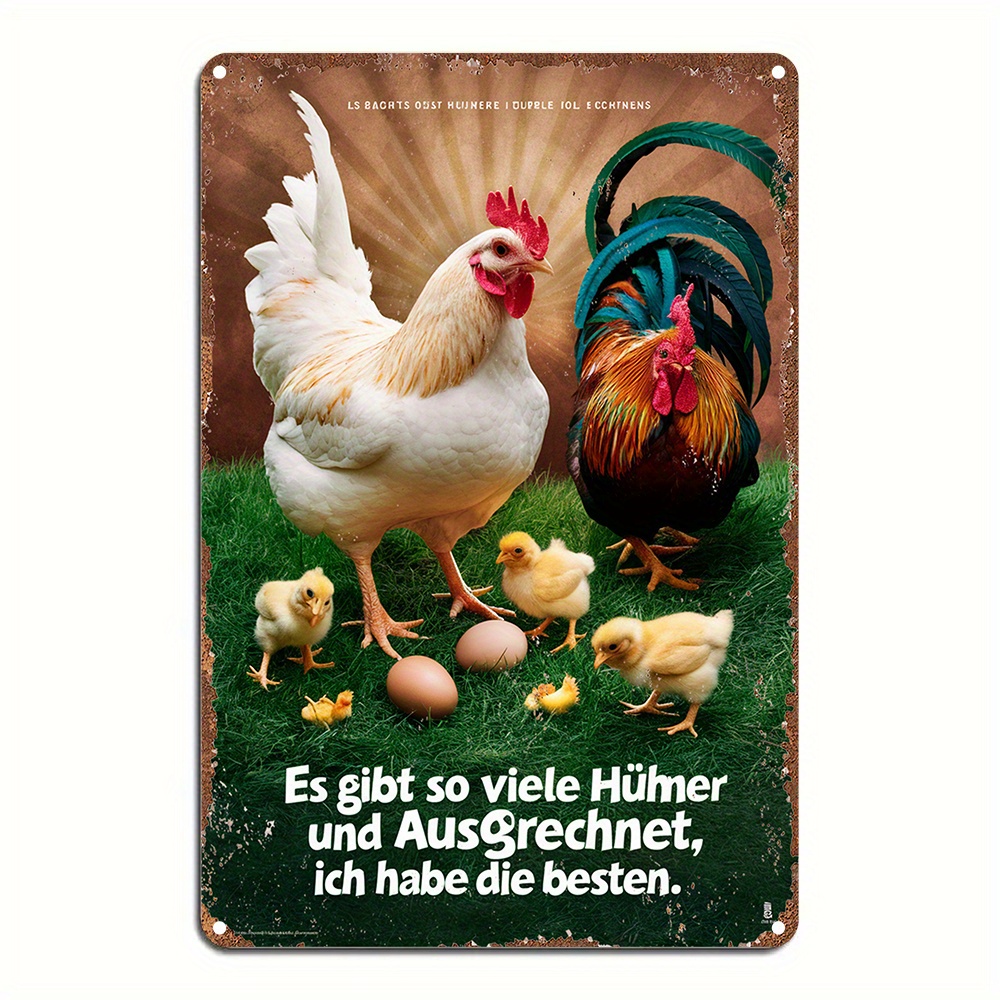 TEMU 2d Flat - A Vintage- Wall Sign Featuring A 2d Flat Design Of Chickens And , With A Funny German Saying. This Rustic Tinplate Decoration Is Ideal