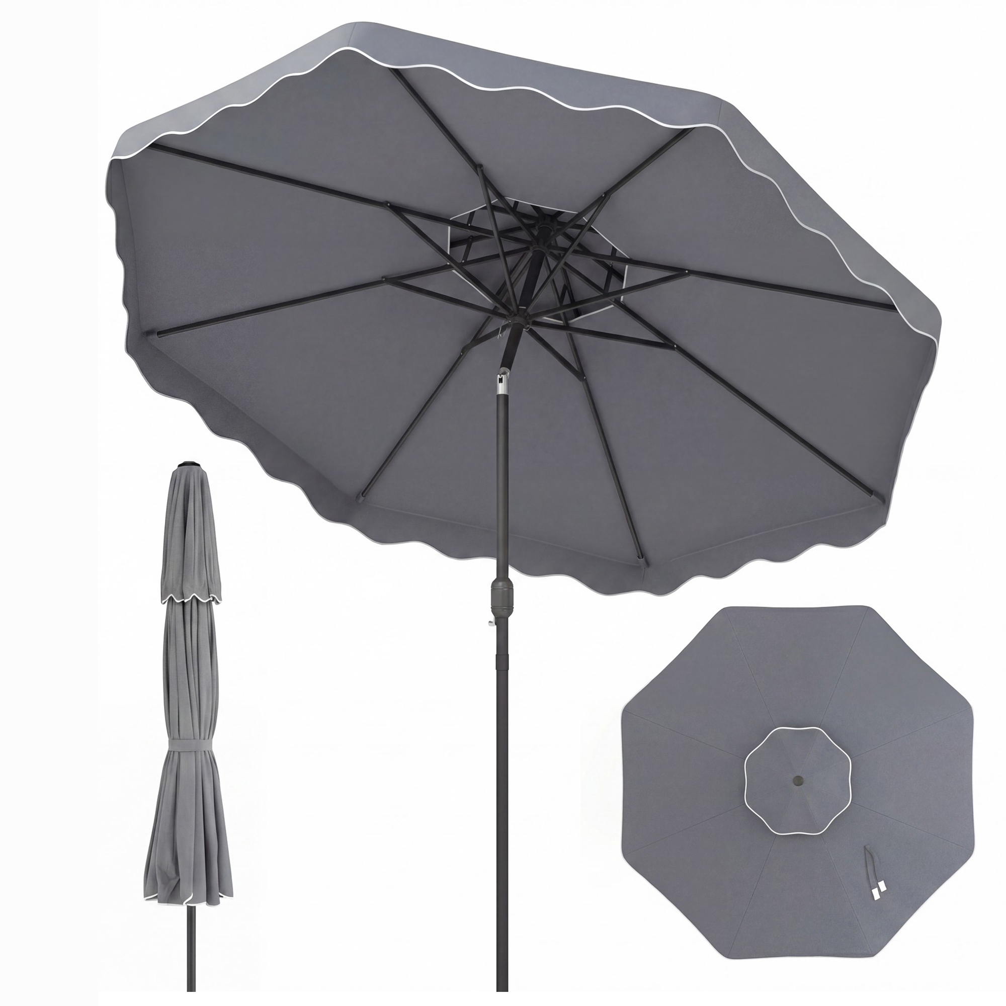 Image of 300cm Patio Umbrella With Push Button Tilt & Crank, 2-tier Vented Top, Heavy-duty 8 Metal Ribs, Ruffle, Scalloped Outdoor Table Market Umbrella For Deck , Gray