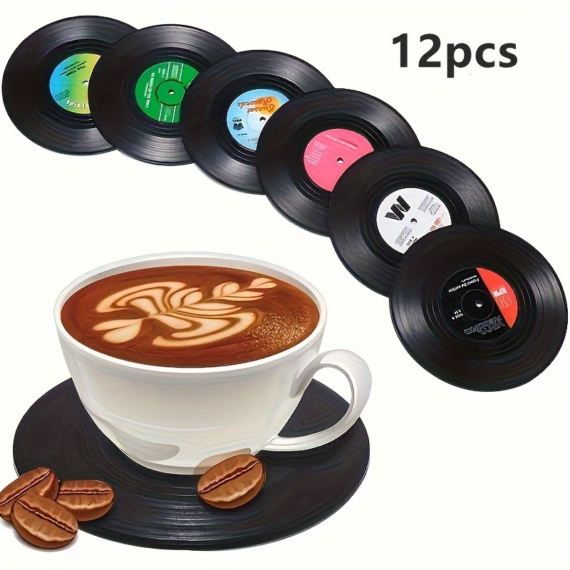 2d/flat-6pcs/12pcs Record Style Wooden Coasters- Colorful Non-slip Heat-resistant Coffee Bar Mats, Suitable For Home, Cafes, And Restaurants