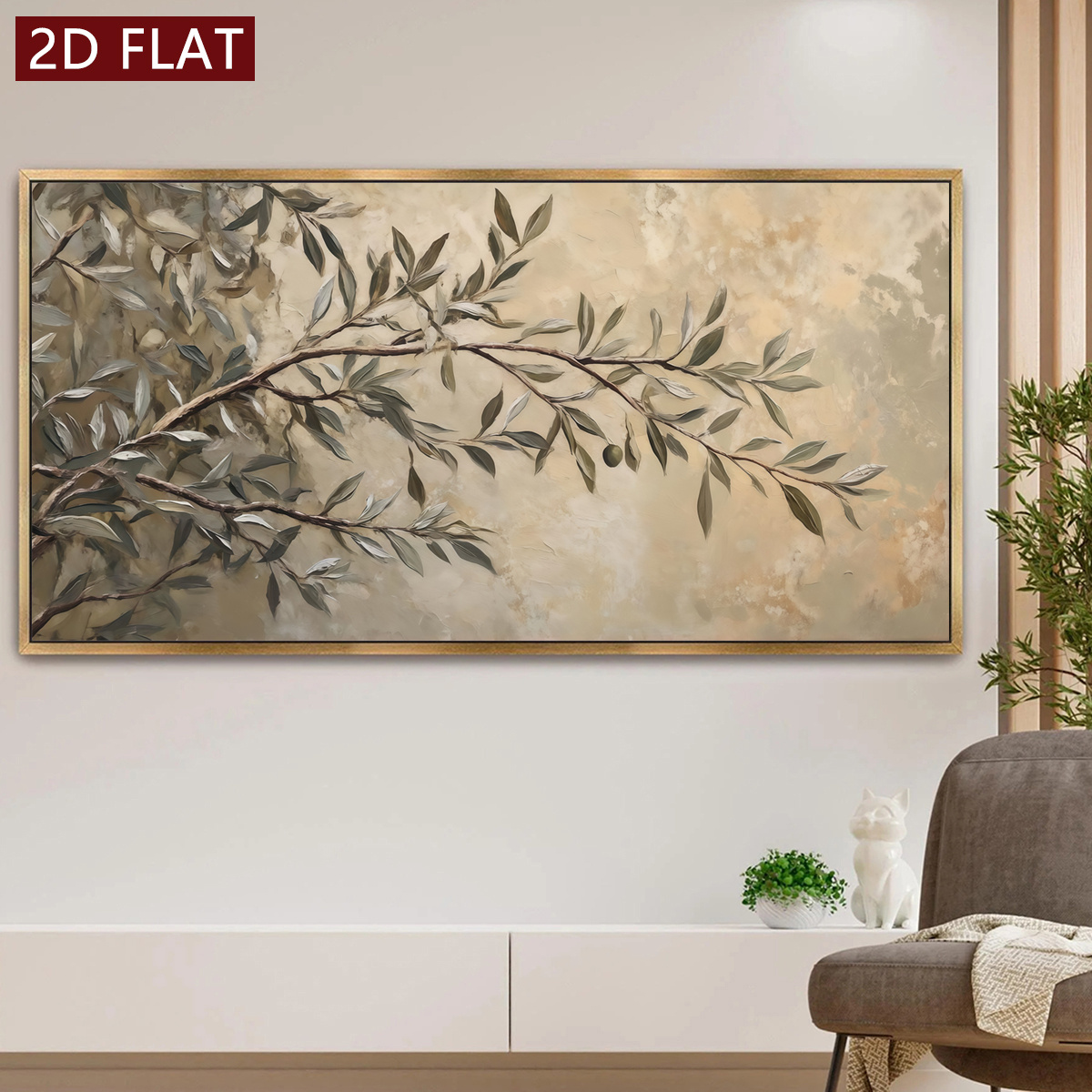 TEMU 2d Flat, 1pc Modern Olive Tree Branch Wall Art - Frameless Horizontal Painting, Olive & Leaf Ink On Canvas Poster Suitable For Living Room,