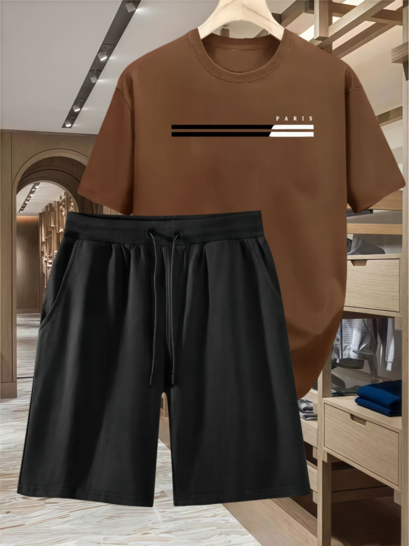 Two-Piece Casual Sports Set Featuring a Loose-Fitting Round-Neck Digital Print T-Shirt And Drawstring Shorts, Suitable for Both Men And Women, Perfect for Summer Beach Activities.
