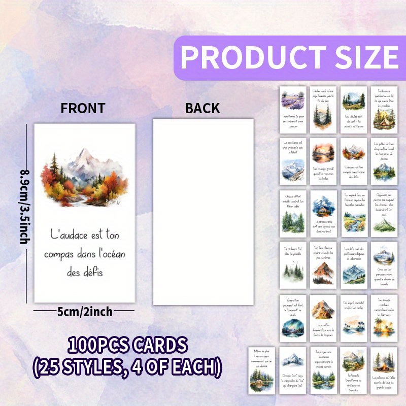 TEMU 100 Cartes Illustrées - Français en Aquarelle - Cartes à Thème avec Citations Inspirantes, 25 Styles Uniques, pour Amis, Famille, Fêtes,