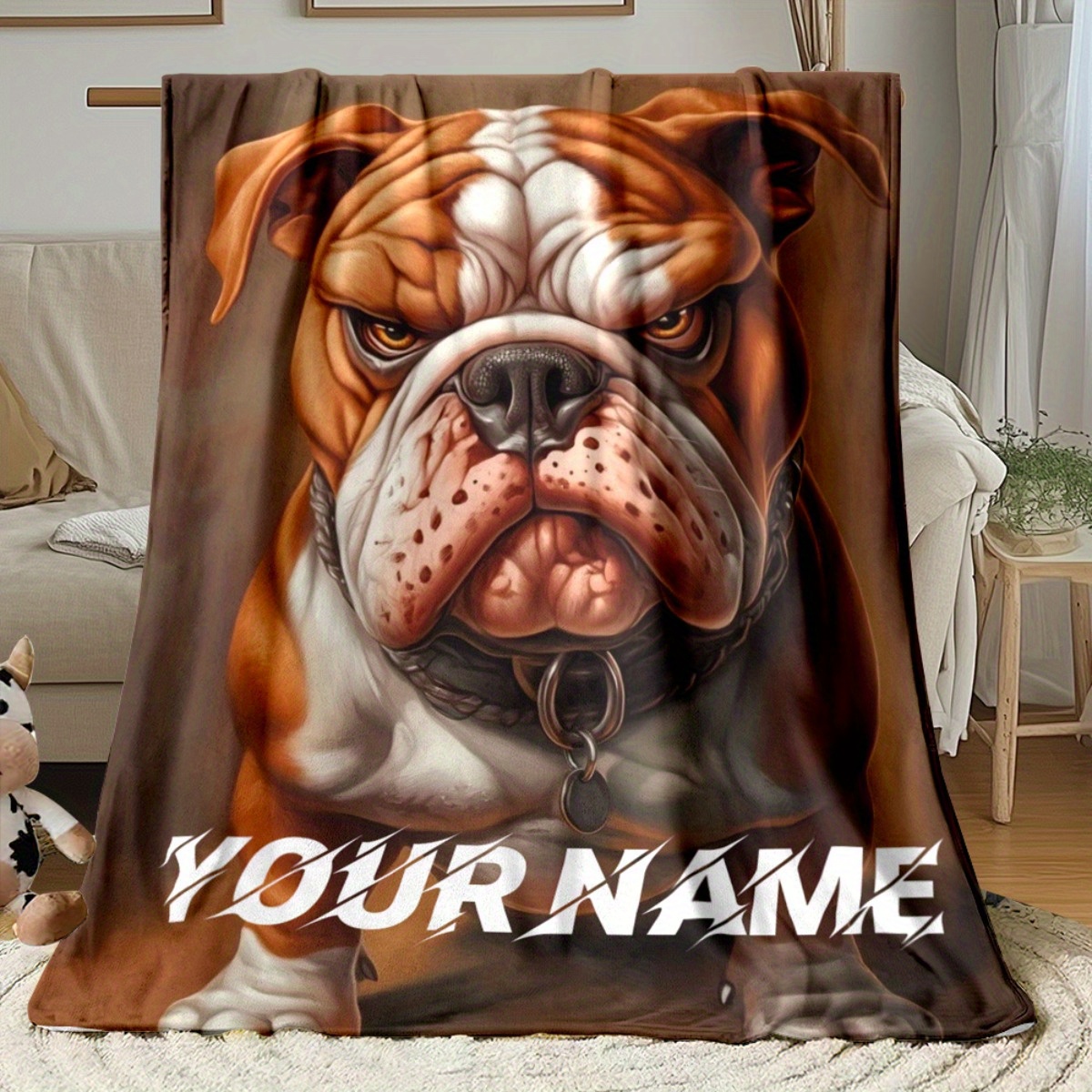 TEMU Personalized Bulldog-themed Lightweight Flannel Blanket, Home Decor, Bedding, Travel, Camping, And Suitable For Sofas, Beds, Living Rooms,