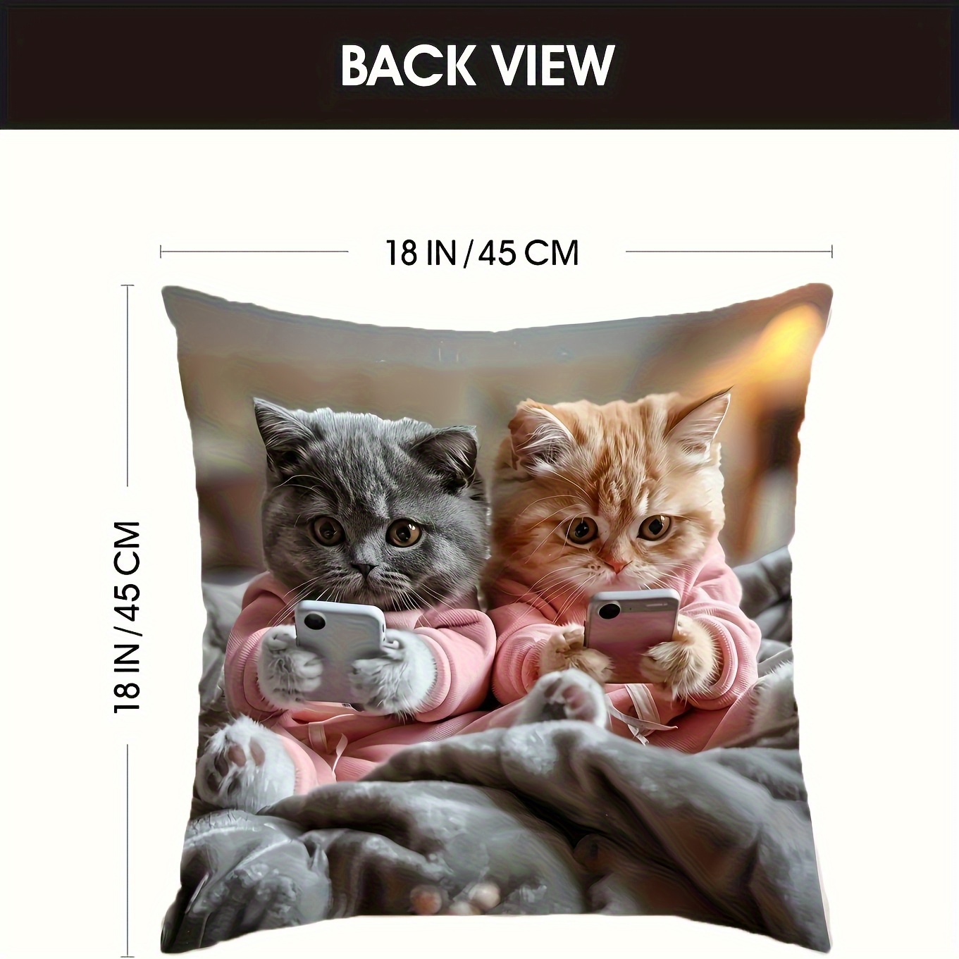 1pc cute   tabby kittens in pink hoodies using phones pillow cover dual sided printed   with zipper closure machine washable grey background decor for sofa bed chair birthday thanksgiving gift for cat lovers home decor accent bedroom accessory   design   print pet owners   thanksgiving Product details 1