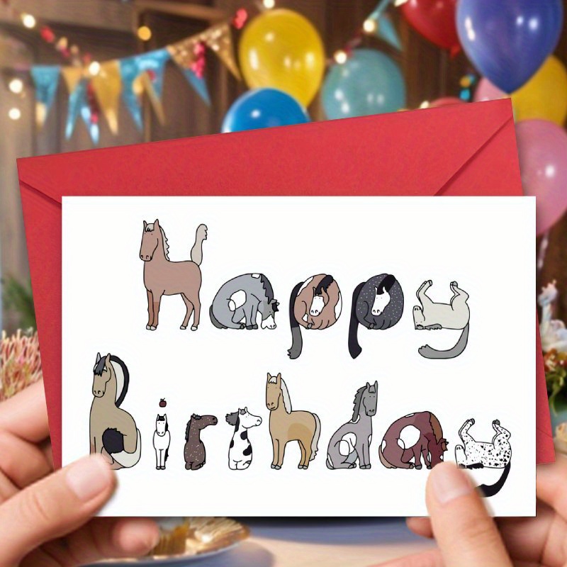 

1pc Carte de Vœux Anniversaire Cheval Amusant avec Enveloppe – Cadeau Créatif pour & , Décorations de Fête, Design Fantaisiste avec Animaux Colorés, pour Toute d'Âge