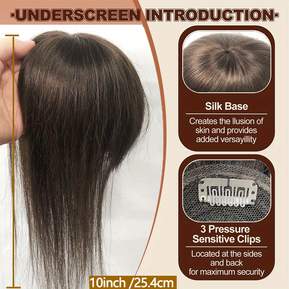   2 dark brown straight human hair topper with bangs for women real human hair toppers for thin hair 8inch 10inch hairpieces details 1
