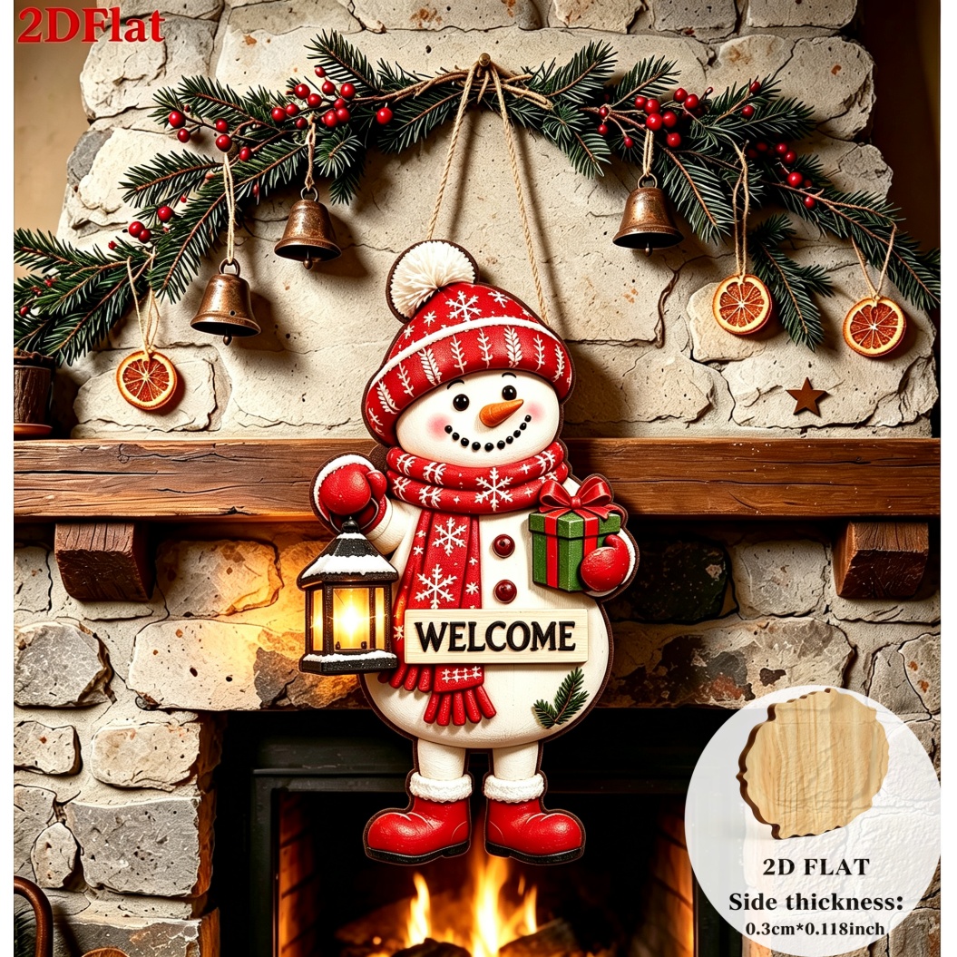 TEMU 2d Flat, Vintage-style 1pc Christmas Snowman Wooden Welcome Hanging Ornament, Featuring An Adorable Red- Snowman With A Red And Green Striped