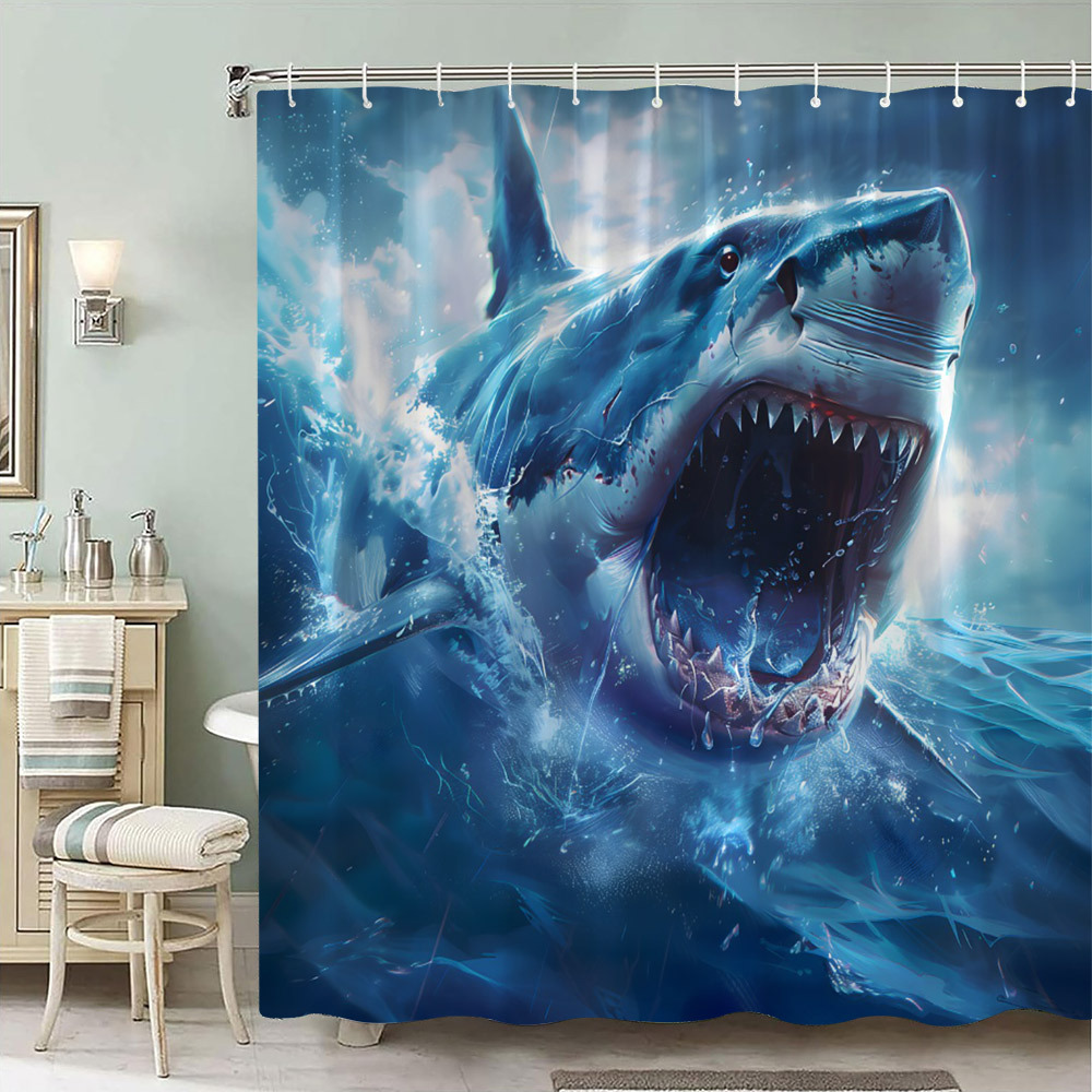 TEMU 1pc Menacing Shark Bath Curtain - Blood-stained Teeth & Turbulent Sea Design, Durable Polyester Fabric, 70x70 Inches With 12 Hooks, Machine